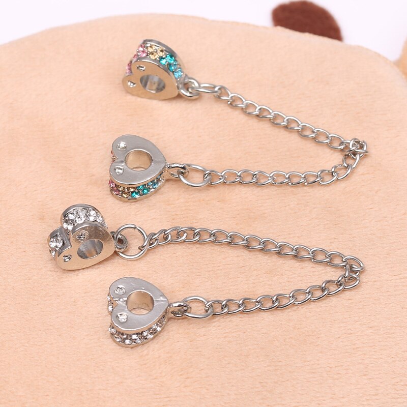 Boosbiy Newest 1pc Silver Color Heart Safety Chain Charms Beads With CZ Fits Original Brand Charm Bracelet DIY Jewelry Making