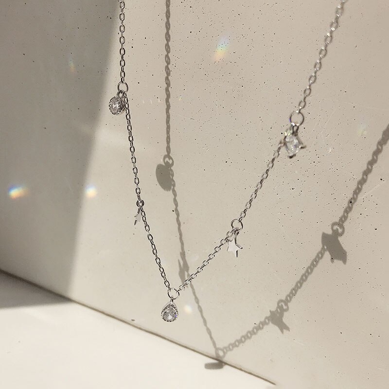Collar delicado con forma de gota de agua de estrella para mujer, cadena de clavícula, collar de circonio de Color plateado, de joyería para boda S-N714