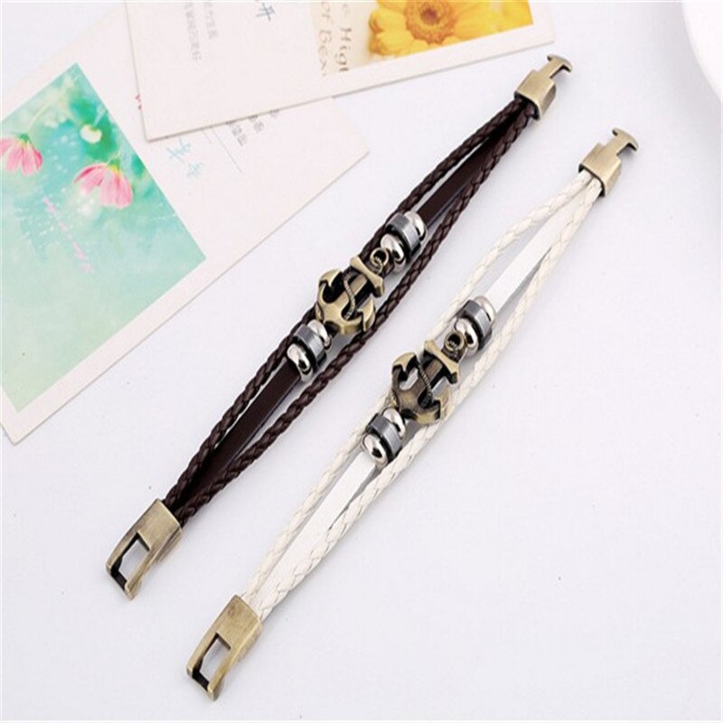 Wit/Brons Drie-Kleur Anker Accessoires Mannen En Vrouwen Punk Gevlochten Lederen Armband Sieraden Zee Charme paar Armband