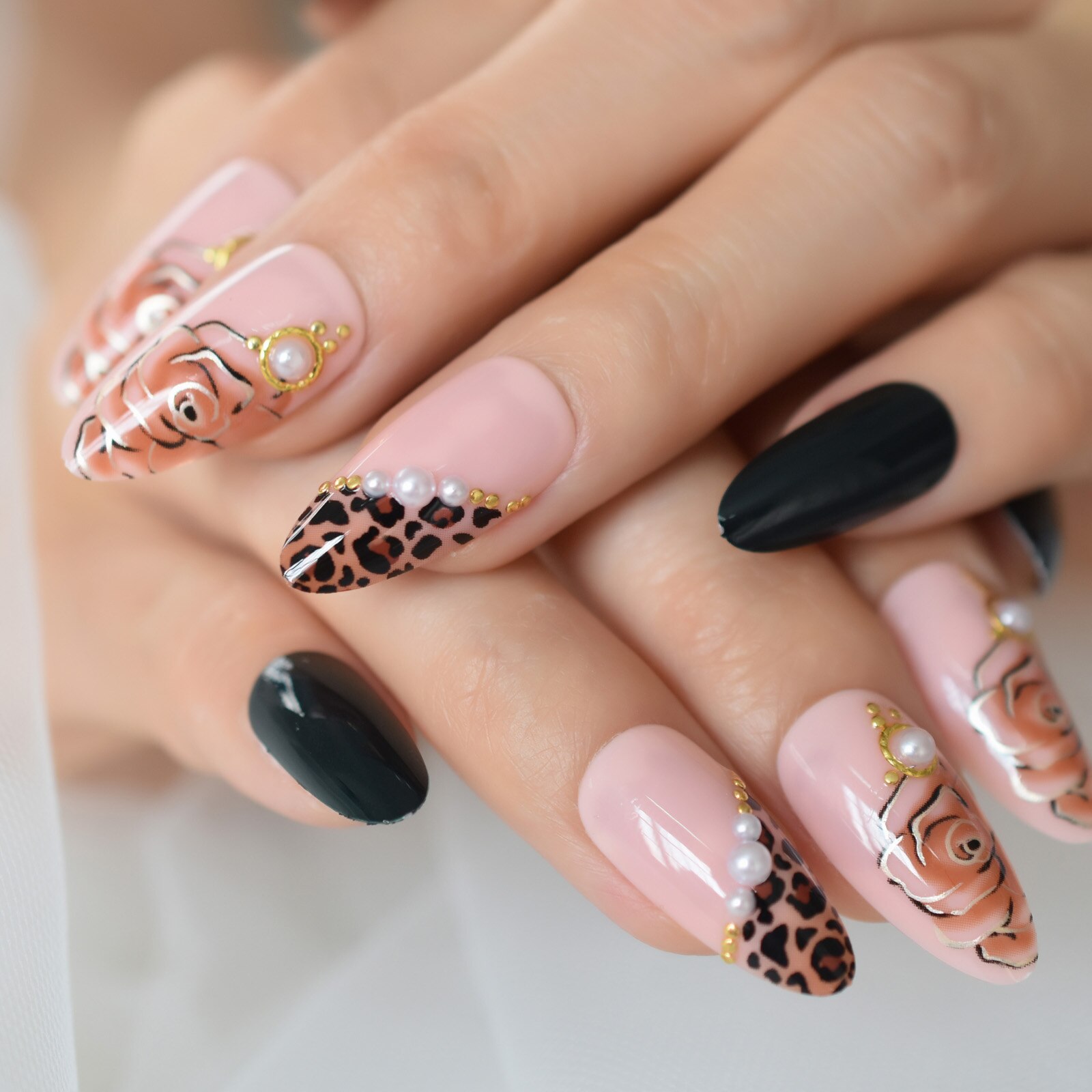 Rose negle tryk på negle mandel medium-korte fingernegle spidser flase nails art forsyninger til professionelle echiq negle 24 stk.