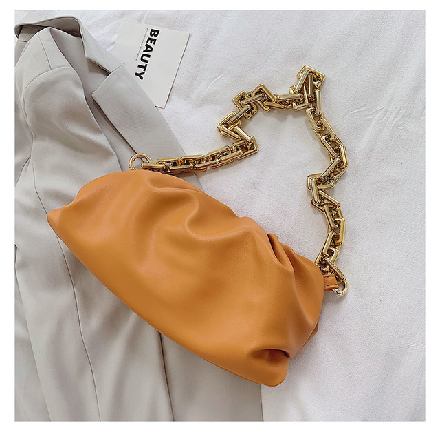 Été épais chaîne ruché sacs à bandoulière pour les femmes doux en cuir PU aisselles femme embrayage filles pochette: ORANGE