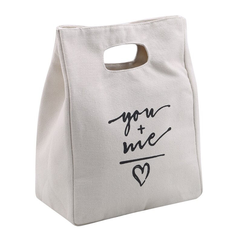 Cotton Canvas Lunch Box Insulation Bag Picnic Bag Simple Letter Type Large Capacity Multi-Purpose Cloth Bag Foods Organizer: A-beige