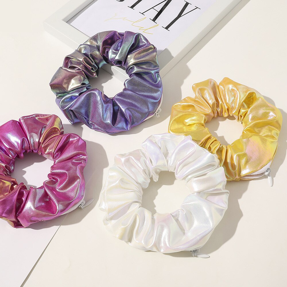 PU Scrunchies pack with zipper VSCO girl things shinny hair tie for women's hair accessories hair ornaments elastic rubber bands