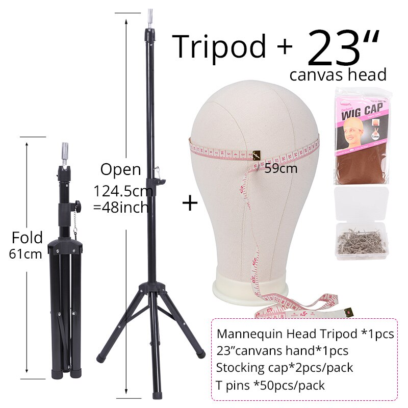Tête de mannequin noire tripode réglable, 1 tête de perruque en toile, 1 pièce avec 50 broches en t, 2 blocs de bonnet de bas, support de perruque: 23 pouces