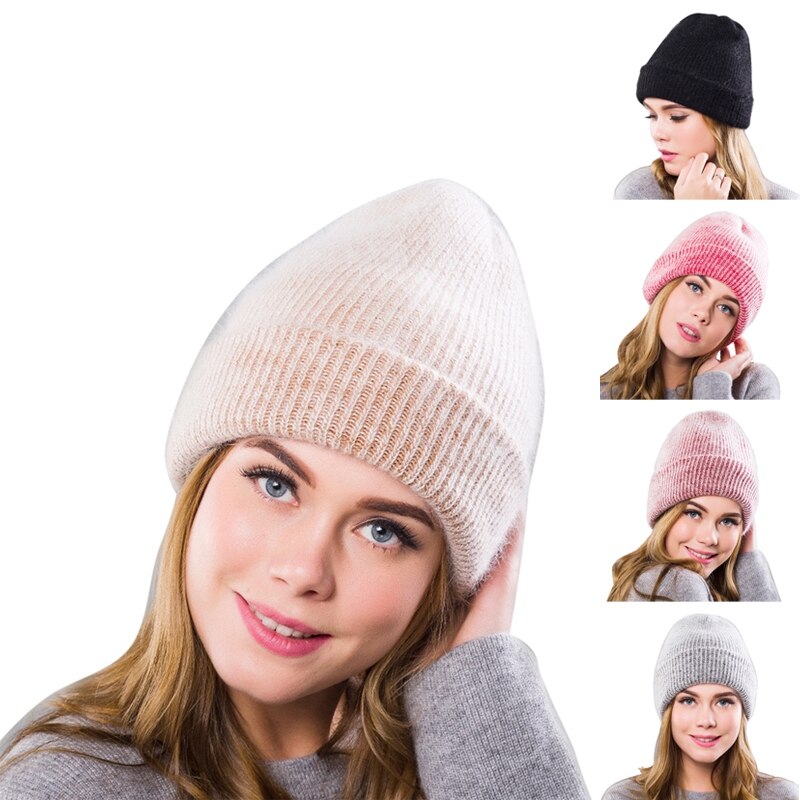 Vinter kvinders angola uld strikket hat varm uld beanie udendørs sport toppede cap uld cap