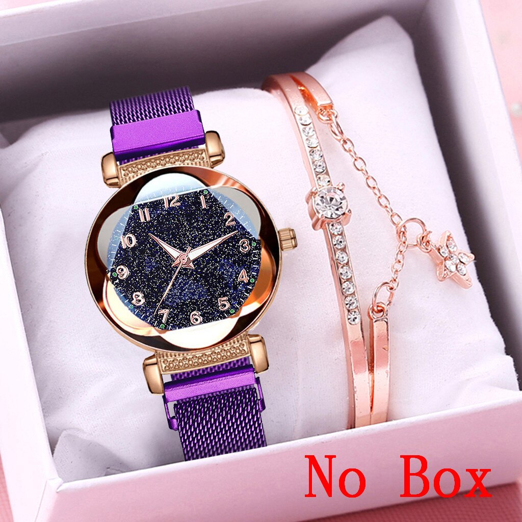 Women Bracelet Watch Set Magnet Buckle Starry Sky Luminous Arabic Numbers Watches Zegarek Damski Reloj Mujer: purple bracelet