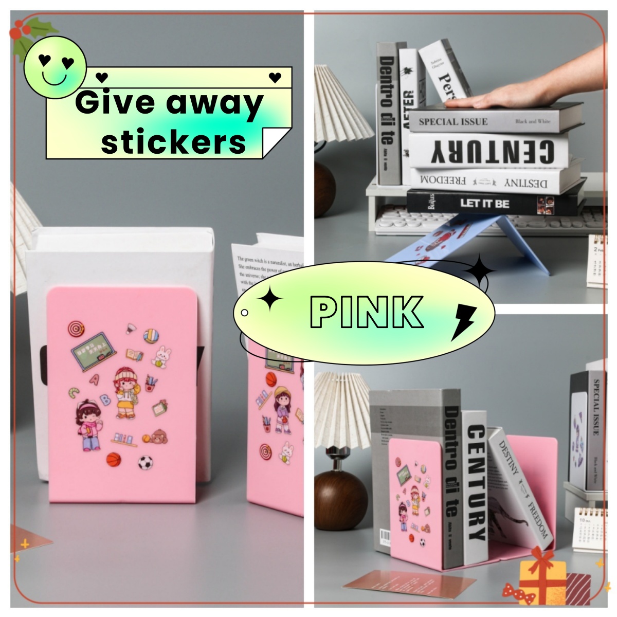 2-delige L-vormige boekenstandaard Bureauboekstandaard voor leren Desktop Boekenstandaard Boekclip Creatieve boekensteun in stijl: Roze