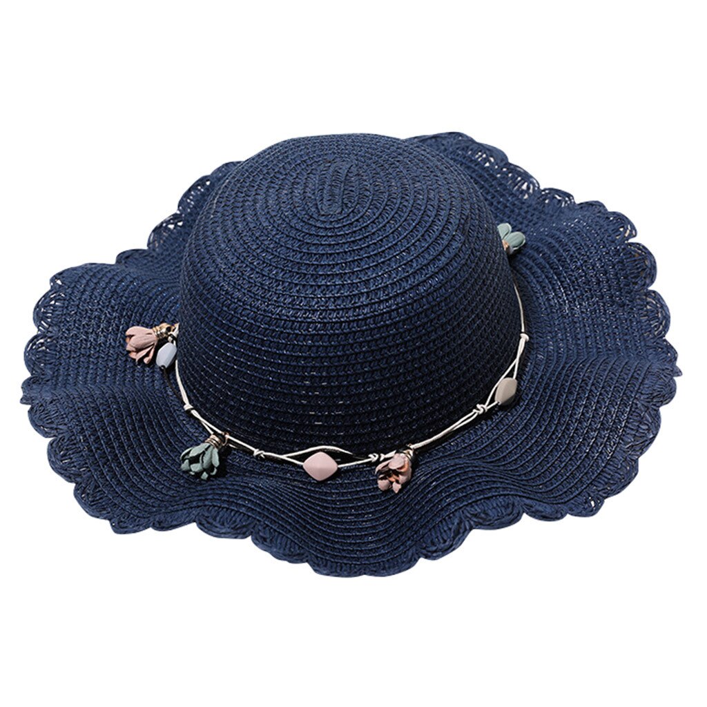 Summer Sun Hat Women Flower Straw Hat Big Wide Brim Solid Hat Sea Beach Sun Hat Floppy Hat Classic Beach Cap Flower Hat: Navy