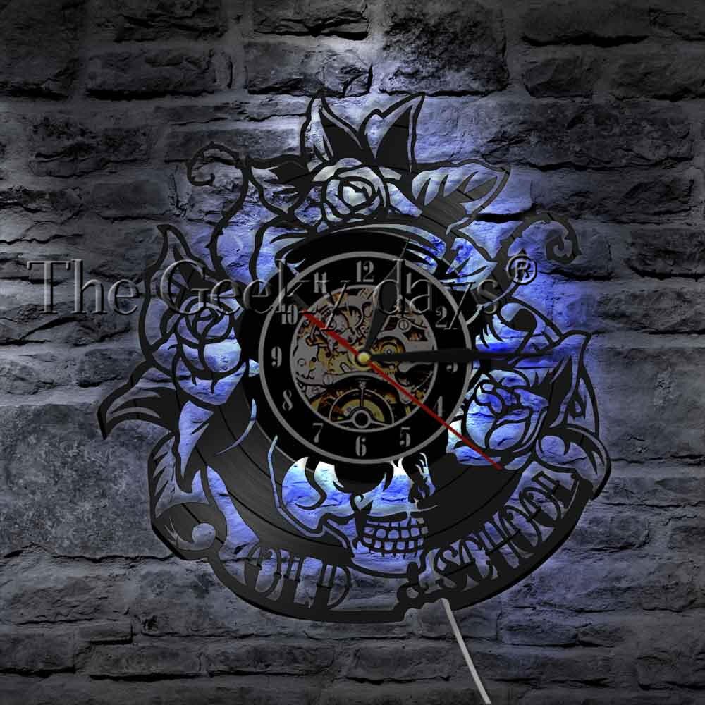 Cd vinil registro relógio de parede do vintage antigo estilo escola preto decoração da casa relógio de parede led crânio flores rosas para tattooist presente