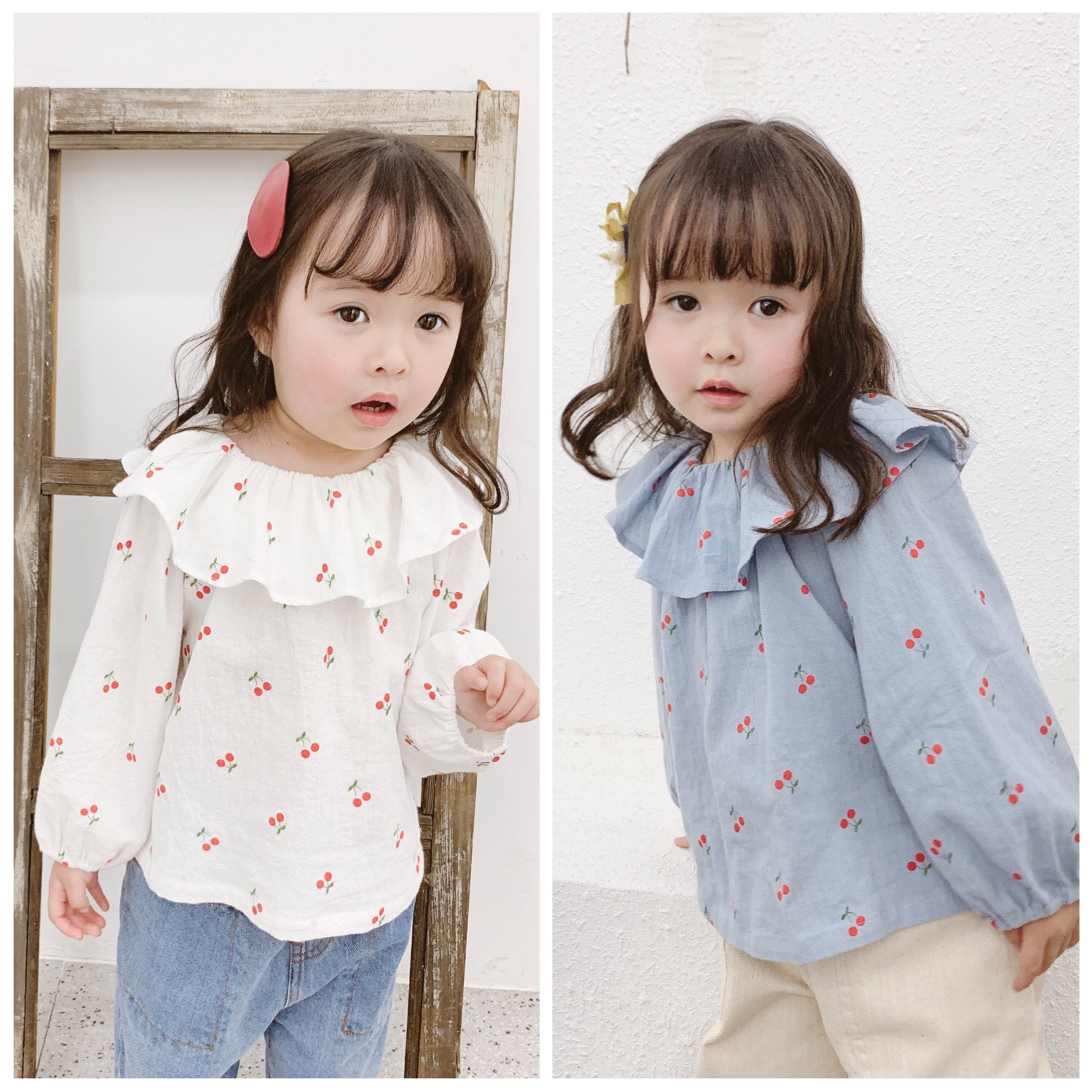 Forår koreansk stil baby piger store turn-down krave kirsebær bluser 1-5 år sød pige løs afslappet skjorter børn tøj toppe