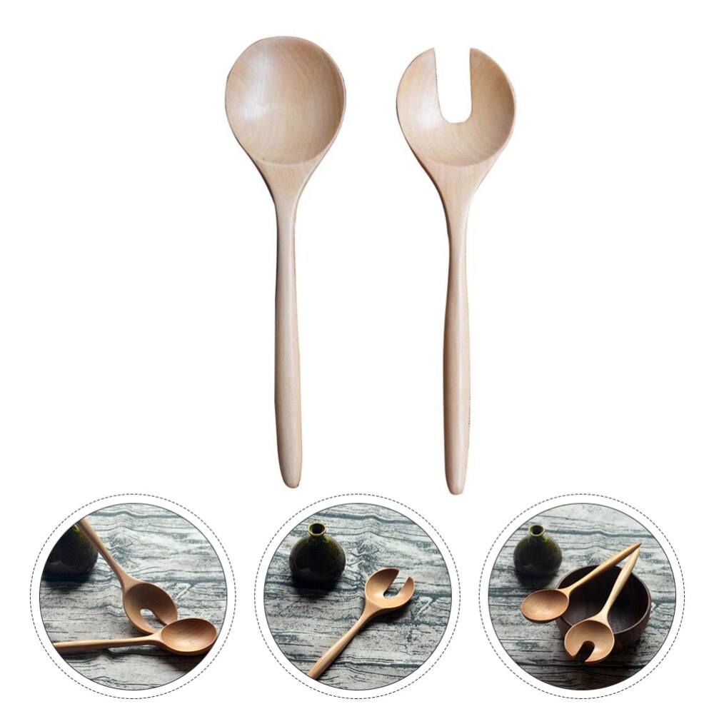 1 Set 2pcs Salad Spoon Round Wood Spoon and Fork Salad Servers Wood Color
