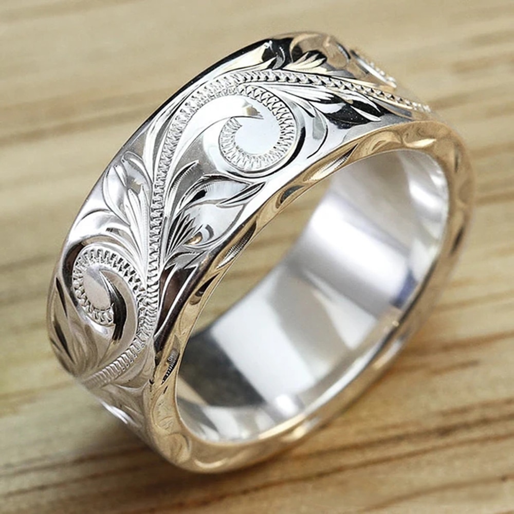 Huitan Trendy Engraved Flower Leaf Pattern Women Wedding Band Rings Romantic Accessories for Lover Versatile Jewelry: 6