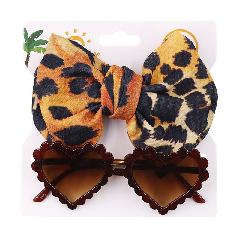 Bandeau élastique en Nylon imprimé léopard 2 pièces/ensemble, bandeau de cheveux, lunettes de soleil en forme de cœur, lunettes mentale pour bébé garçon et fille: set8