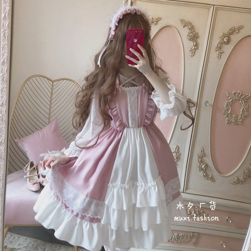 Sukienka Lolita dla kobiet Kawaii dla dziewcząt pałac Bow-knot Stiching styl japoński Vestidos szlachetny słodki Gothic szata na imprezę renesansowy: Color2Dress / M(Weight 30-55kg)