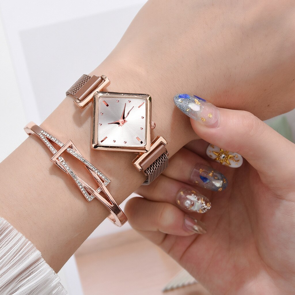 Dame ure sæt firkantet dame quartz ur armbånd sæt rød sort skive enkel rosa guld mesh luksus dame ure
