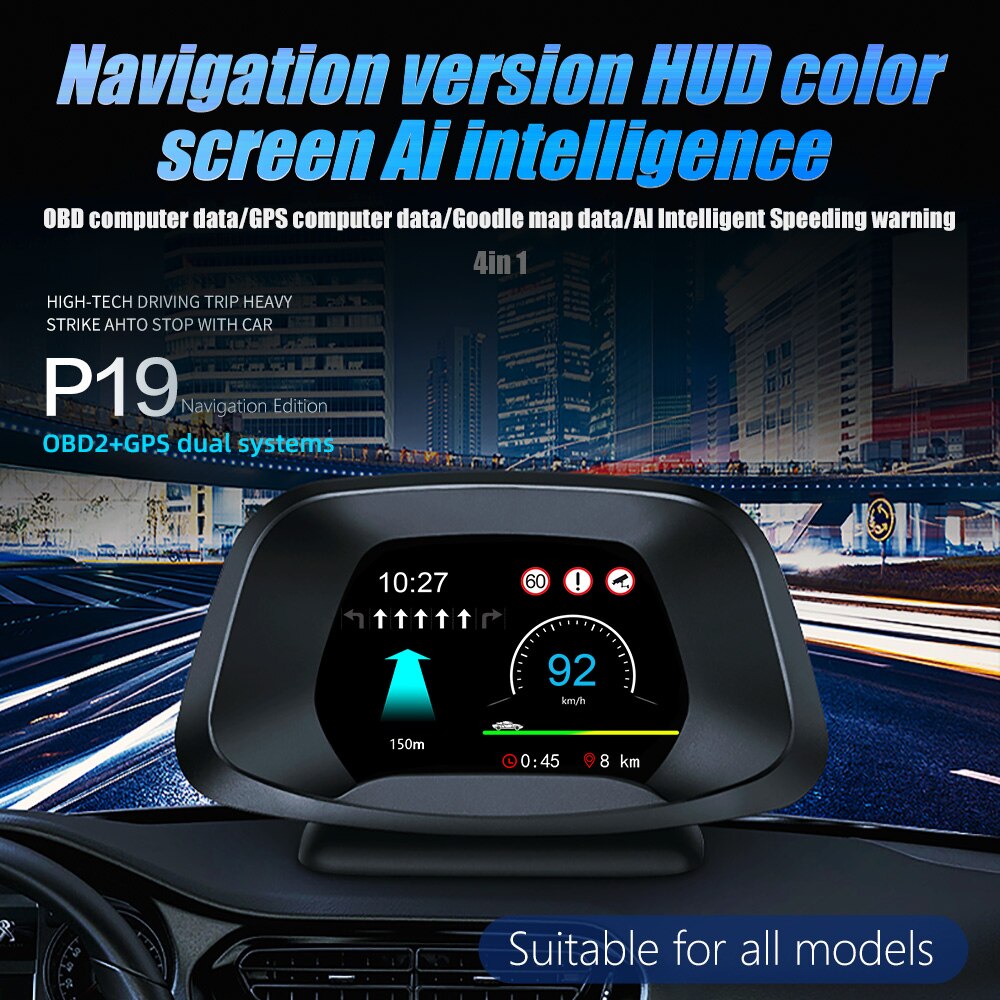 P19 Navigation Head Up Display With OBS GPS Dual System Multi HUD Alarm Function Suitable For All Models AI Intellengent HUD