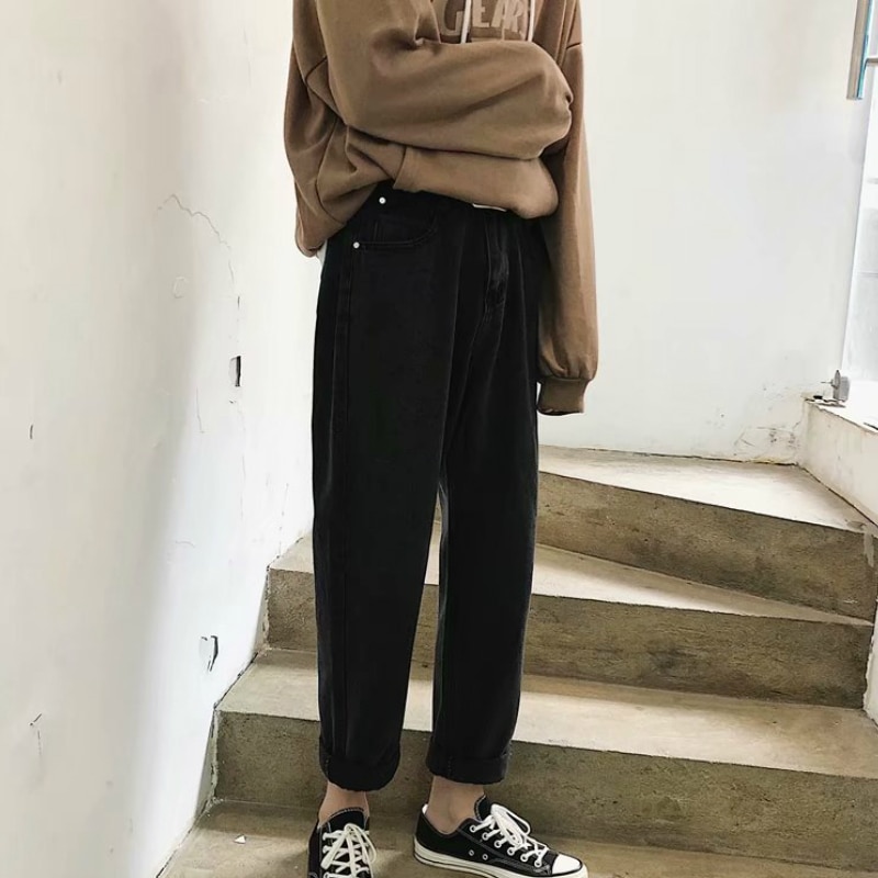 Mænd jeans retro løse ins harajuku solid ankellang chic all-match ulzzang trendy daglig streetwear herre student enkel: 901 sorte / L