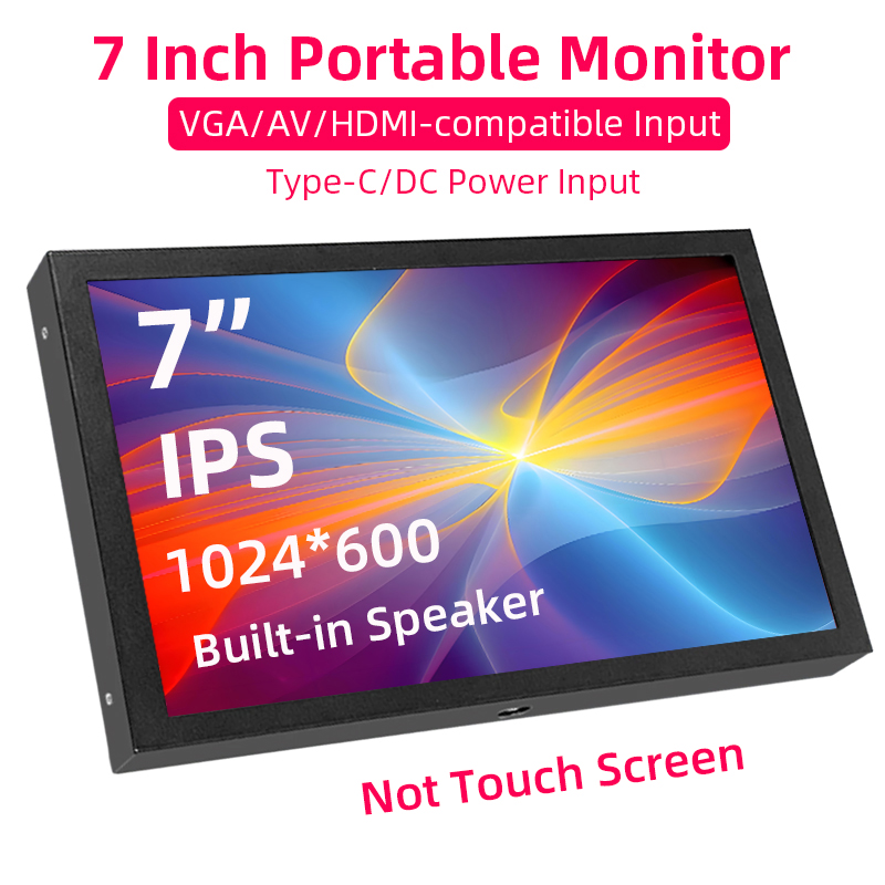 Monitor portátil de 7 pulgadas, 1024x600 IPS LCD, compatible con HDMI, entrada VGA AV, pantalla de alimentación CC tipo C para PC, portátil, cámara, TV Box DVD