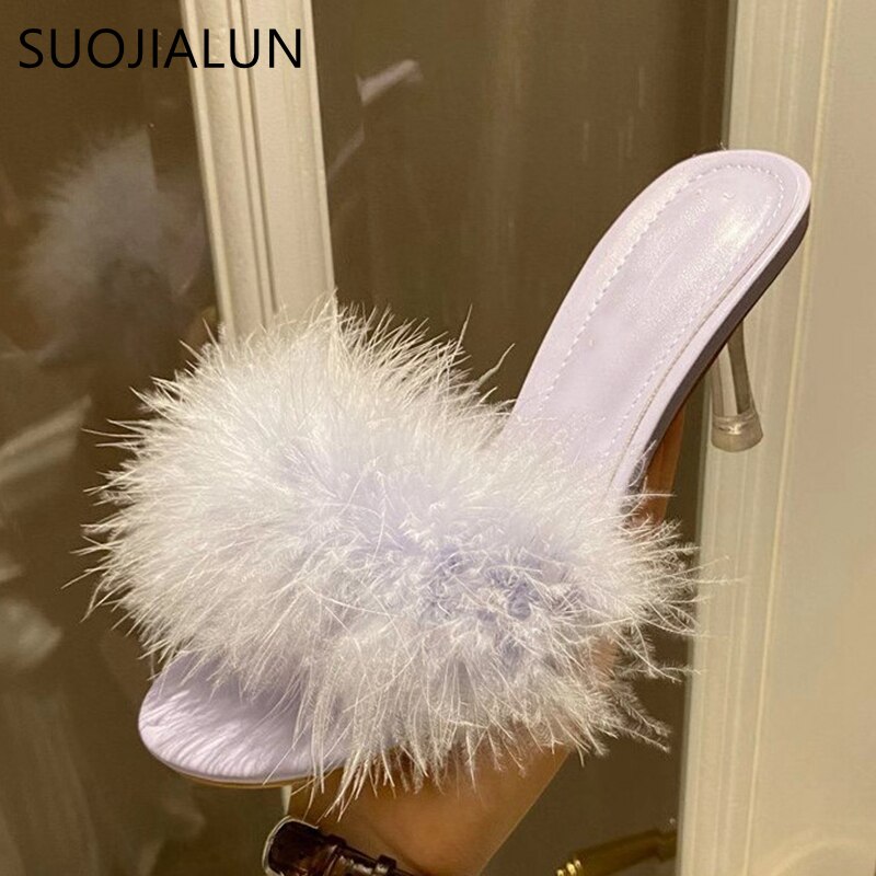 Suojialun kvinnor lurviga tofflor strutshår fluffig sandal dam tunn högklackat plysch slides varma tofflor sho