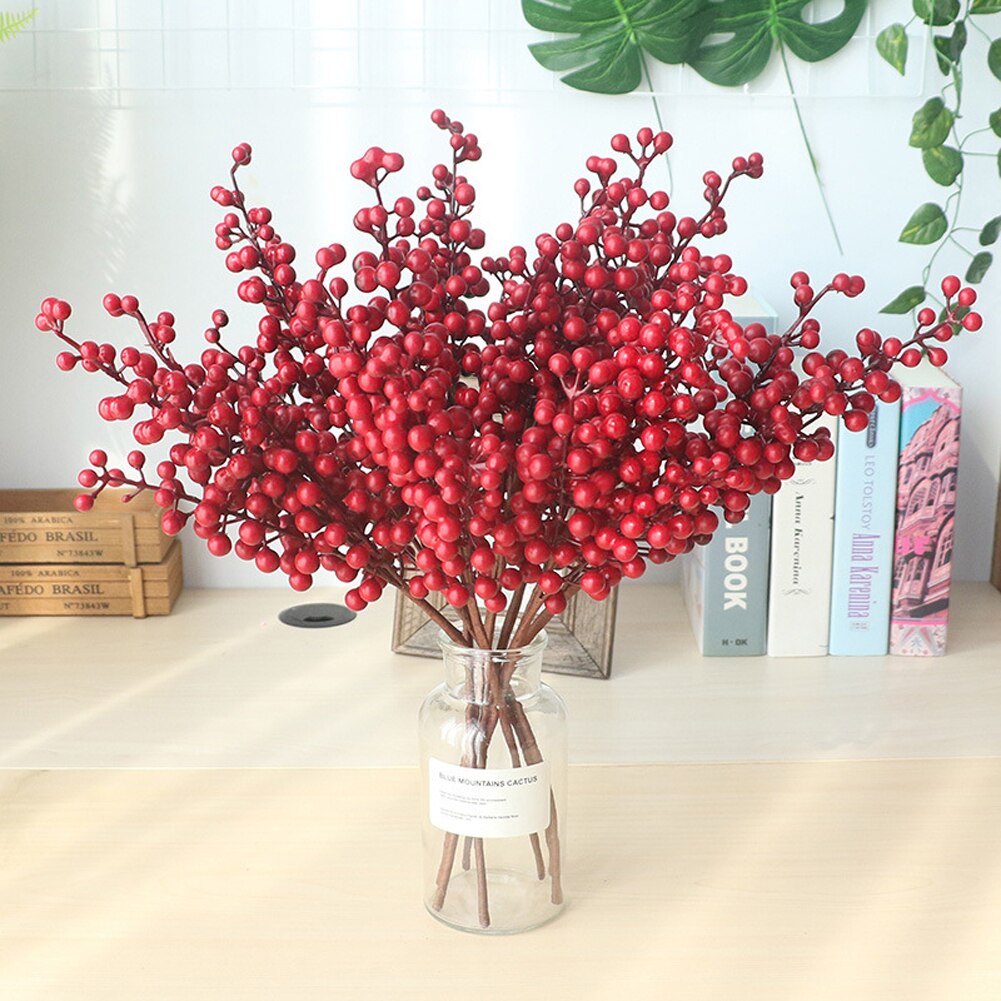 1pcs 5 Branch Christmas Berry Stems Artificial Flower Xmas Pick for Wreath Decor