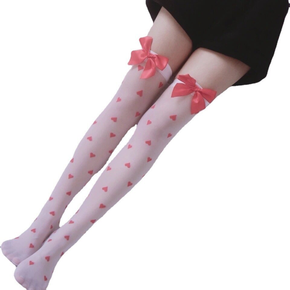 Chaussettes respirantes amusantes pour femmes, Cosplay Halloween, créativité japonaise, bas d&#39;infirmière des os, sang au dessus du genou, en Nylon et velours, Sukka: love bow