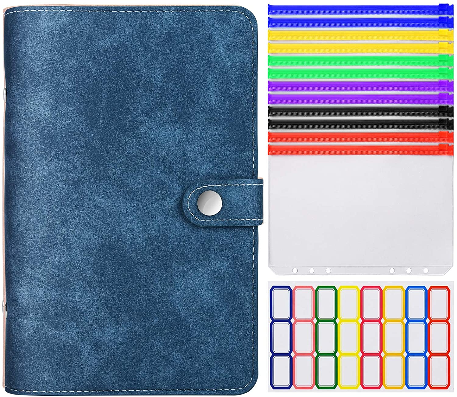 A6 Lederen Bindmiddel Cover Met Plastic Zakken 6 Ring Soft Navulbare Notebook Bindmiddel 12 Gekleurde Clear Rits Envelop Voor Budget: jean blue