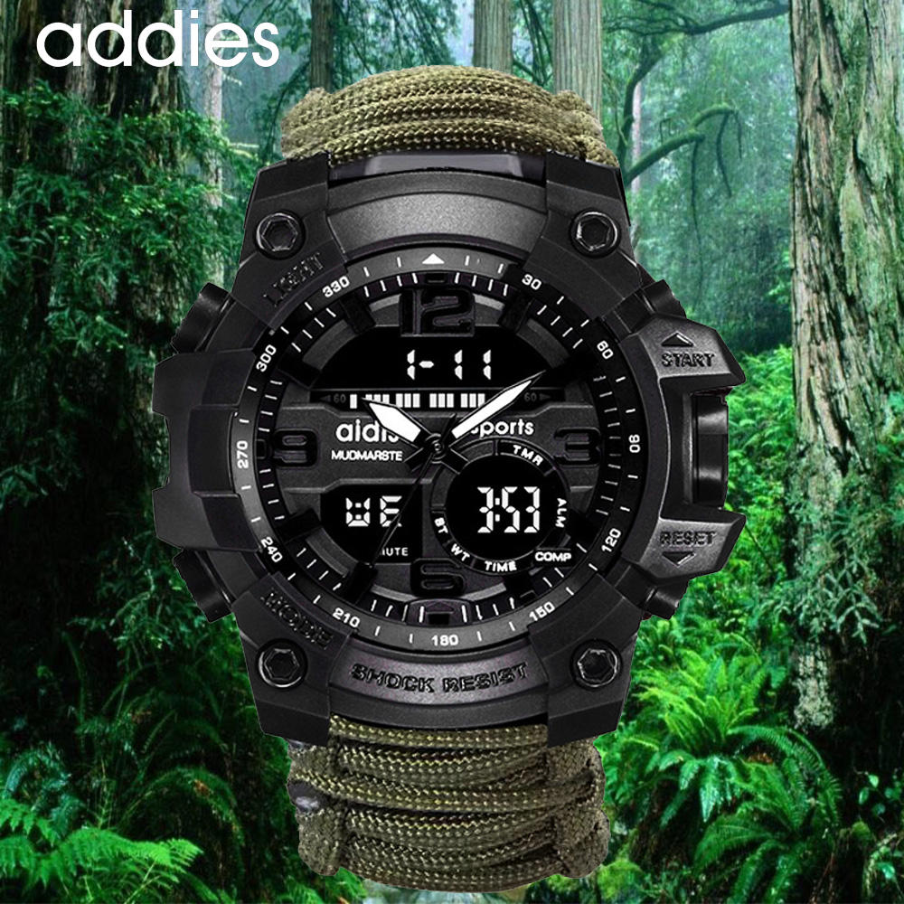 Addies Survival Outdoor Heren Horloge Emergency 50M Waterdicht Kompas Multifunctionele Horloge Digitale Quartz Relogios