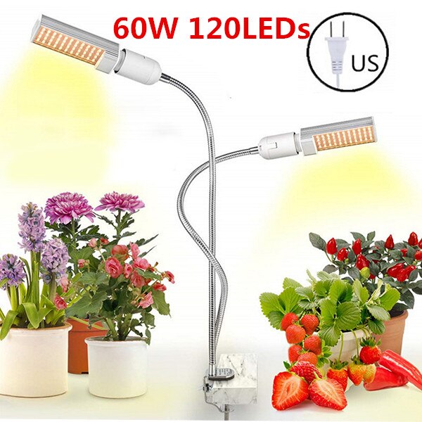 Luces LED para cultivo de plantas, lámpara de espectro completo E27 de doble cabeza Flexible de cuello de cisne para invernadero, Phyto, 45W, 50W, 60W, EU/US: US 60W