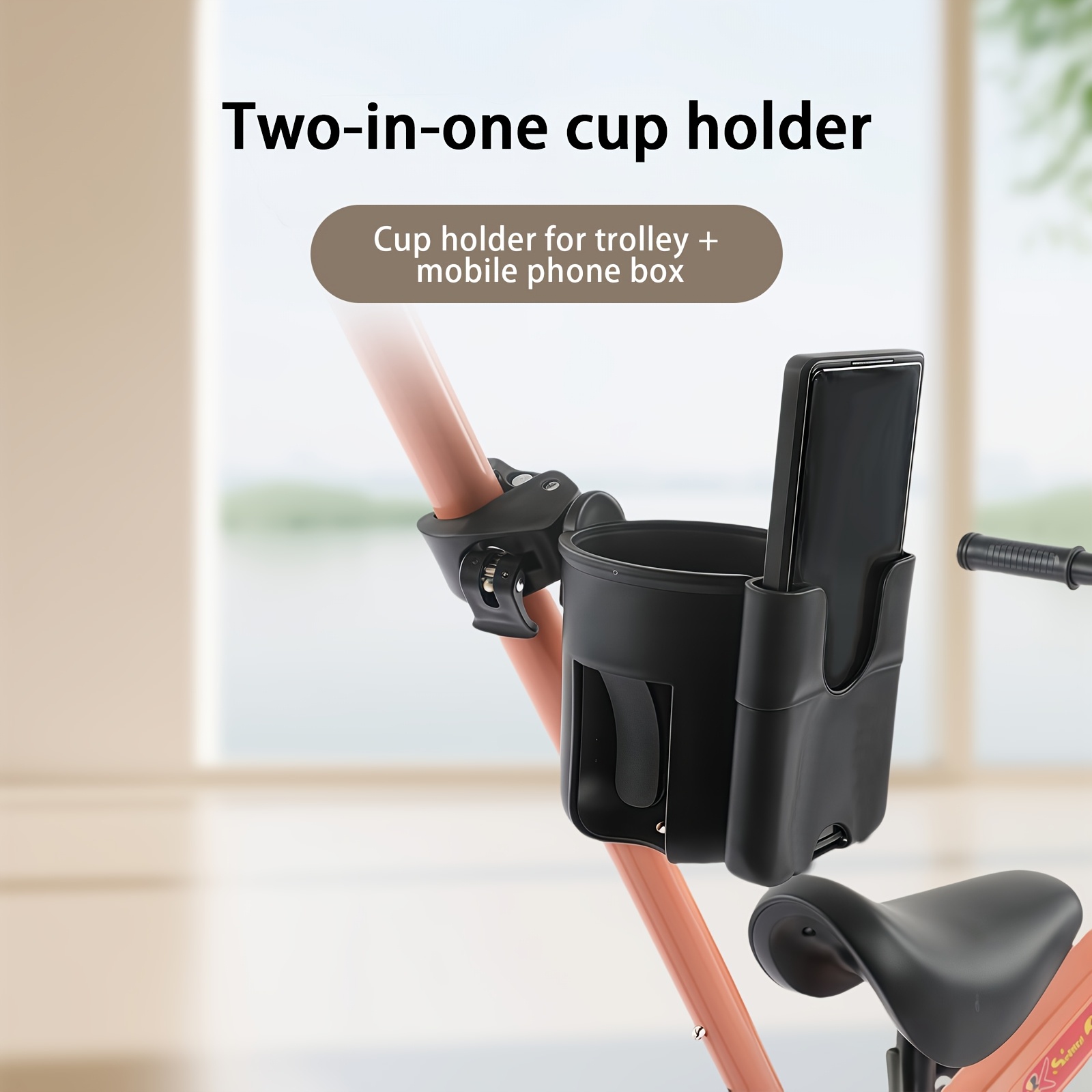 Kinderwagen bekerhouder met telefoonhouder - Duurzaam ABS Dual Function Rack voor babytrolleyfiets, zwart ouder essentieel accessoire