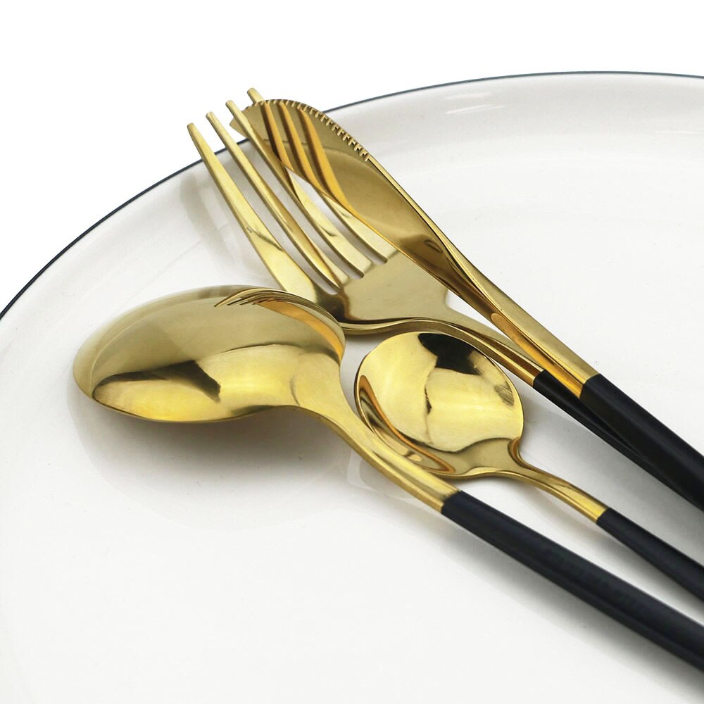 JANKNG – service de vaisselle noire, 30 pièces, fourchette à gâteau aux fruits, couteau en acier inoxydable, argenterie, couverts miroirs, service de table
