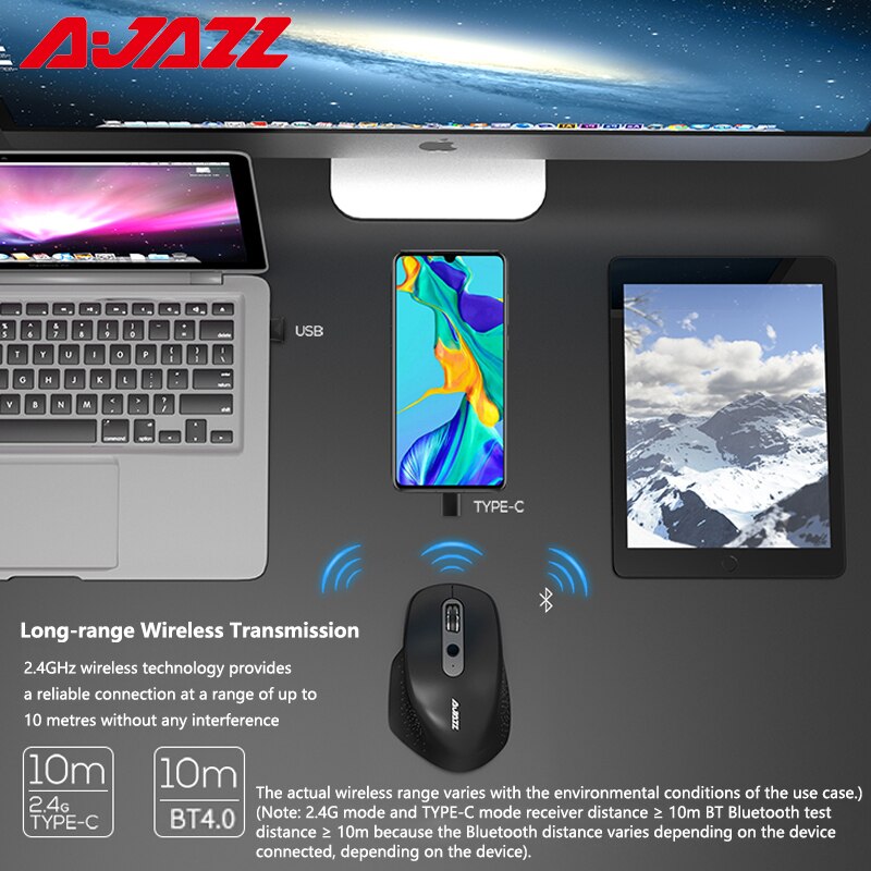 Ajazz I660T Bluetooth Muis Oplaadbare Drie Mode 2.4G Draadloze Bt Computer Muis Side Roller Ergonomische Muis Voor Laptop Pc