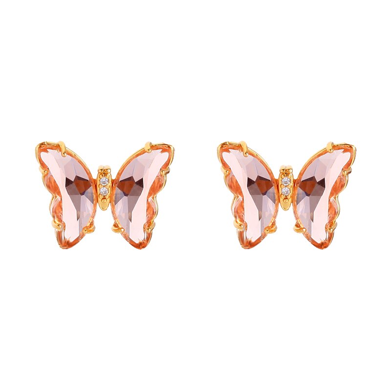 Kissme prachtige veelkleurige glazen vlinder sieradenset voor vrouwen, goudkleurige messing insectenoorbellen, kettingen en ringen: Roze glazen oorbellen