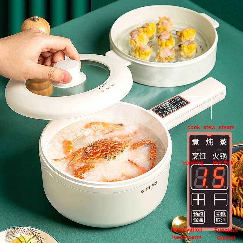 700W Electric Cooking Pot Portable Pot Rice Cooker Multicooker Ceramic Liner Smart Electric Skillet Single/Double Layer 1.6L