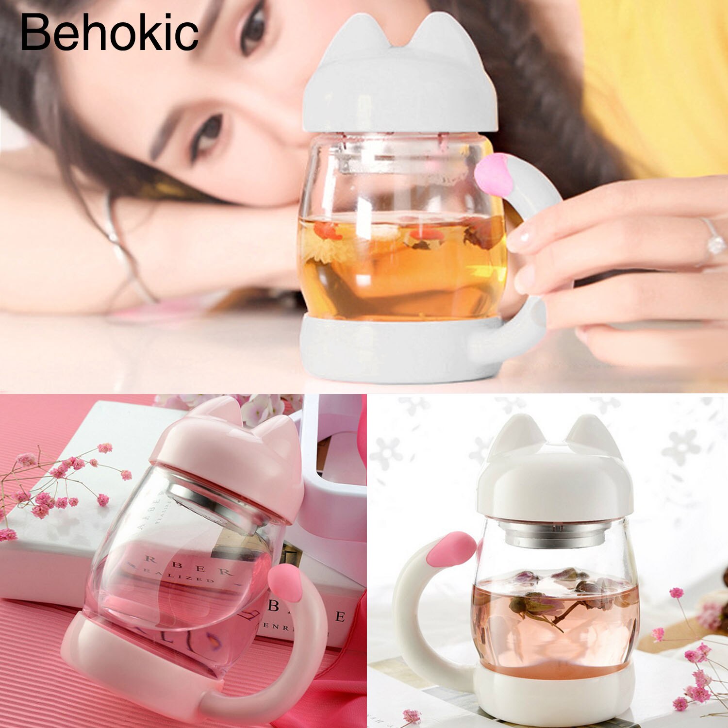 Behogar 420ml/14oz søde glas tekop med låg og tefars kat hale håndtag til børn børn jule kaffe krus