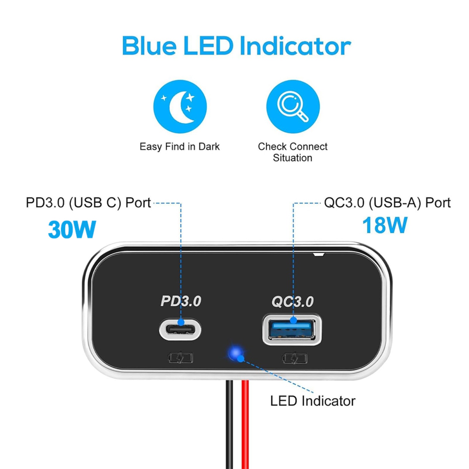 12v usb-uttak for bobil,  pd3.0 type-c, usb -c 5v, 3.1a,qc3.0 usb-a-porter, panel, veggkontakt for bil, usb-uttak, laderadapter for marin, buss, atv, lastebil