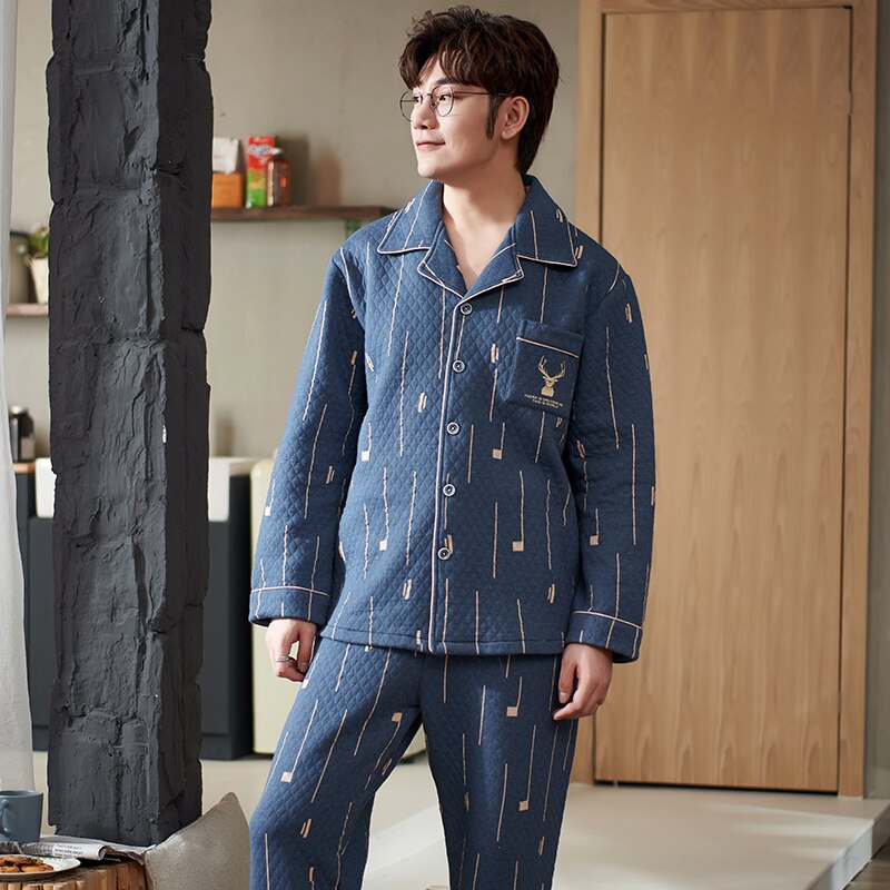 Winterpyjama, dikke 3- laags katoenen pyjama, lange mouw, casual, zachte warme herenpyjama