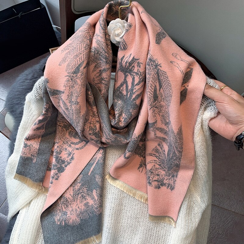 Vinter tørklæde kvinder cashmere pashmina dame stoles print hunde varme sjaler og ombryder tykke vendbare tørklæder tæppe: 5 lyserødgrå