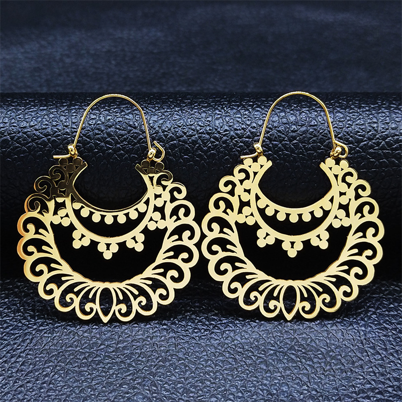 Pendientes de flor de loto de Yoga a la , pendientes de aro de acero inoxidable de Color dorado para mujer, joyería boucles d'oreilles E9360S01: COLOR ORO ROSADO