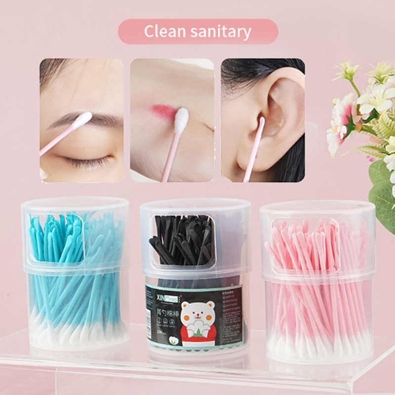 100Pcs 2 In 1 Cotton Swabs with Ear Spoons Plastic Curette Ear Pick Cleaner Ear Cleaner Spoon Portable Makeup Nail Art Sticks