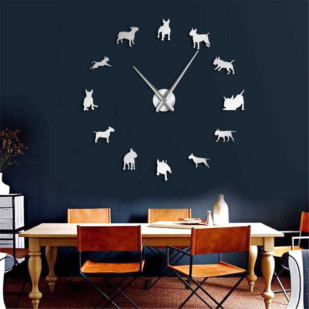 DIY Reloj de pared grande Bull Terrier perro Reloj de pared arte perro Pug aguja reloj decoración de tienda de mascotas para Bull Terrier amante