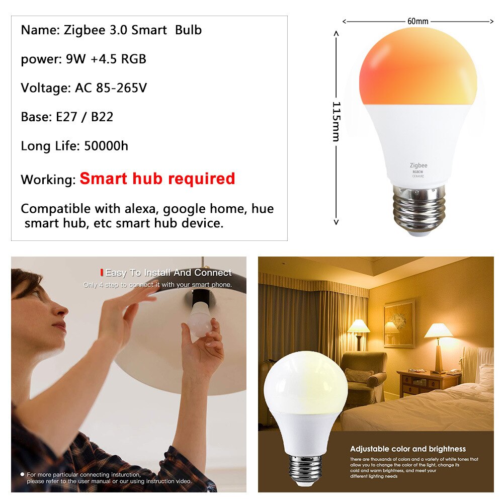 Zigbee Smart Wifi Led Lamp 10W E27/E26/B22 Wifi Gloeilamp Rgb + Ww + Cw dimmer App Controle Smart Led Lamp Voor Alexa Google Thuis