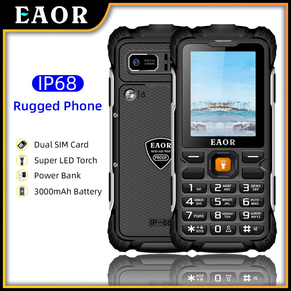 EAOR IP68 Water/Dust-proof Keypad Phones 2G Rugged Phone 3000mAh Big Battery Power Bank Feature Phone Push-button Telephone