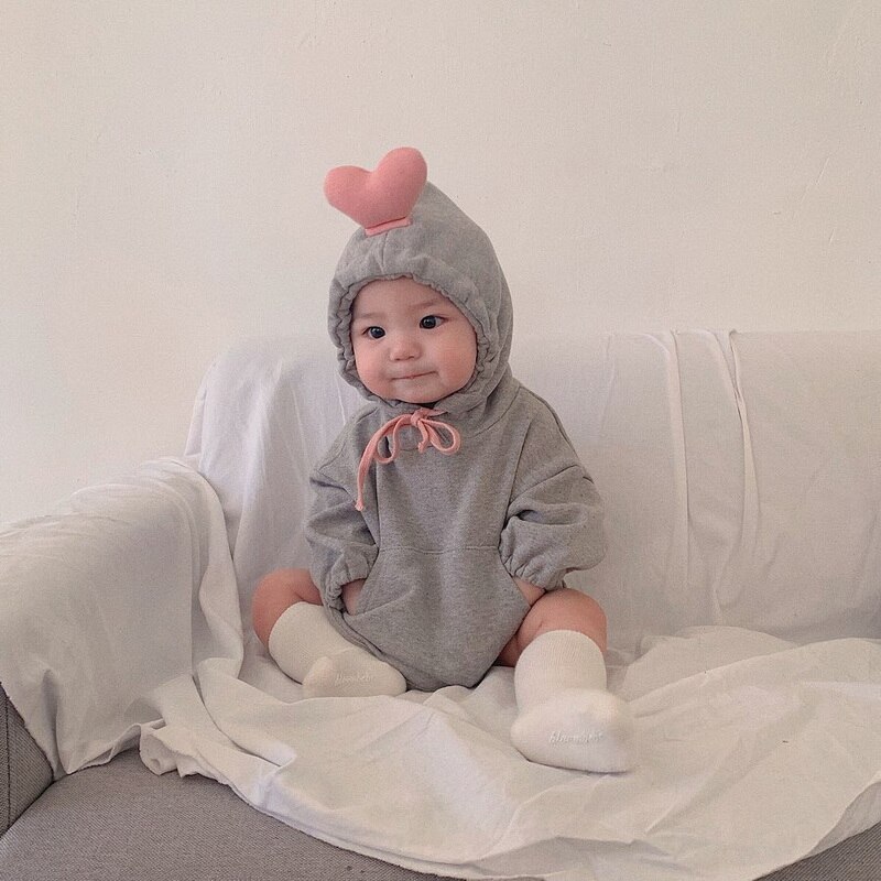 2022 Baby-bodys für mädchen und jungen, 3d baumwoll-Overall mit kapuze und herzchenmuster, langärmelig, für neugeborene, freizeitkleidung  e2800