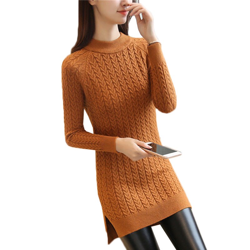 Pull-over mi-long tricoté pour femme, couleur unie, Slim, grande taille, automne hiver, , hauts 125: caramel colour / XXL