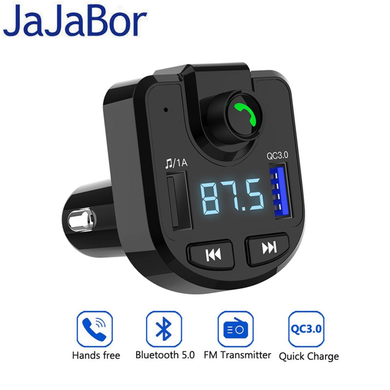 JaJaBor FM Sender Bluetooth 5,0 Auto Bausatz Freisprechen Wiress Stereo A2DP Musik Spielen QC 3,0 schnell aufladen Auto Ladegerät