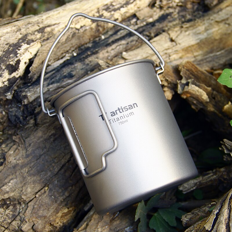 Tiartisan 750ml titanium hängande kastrull med lock hopfällbart handtag utomhus camping drickskopp för picknick bestick köksredskap  ta8315- bh