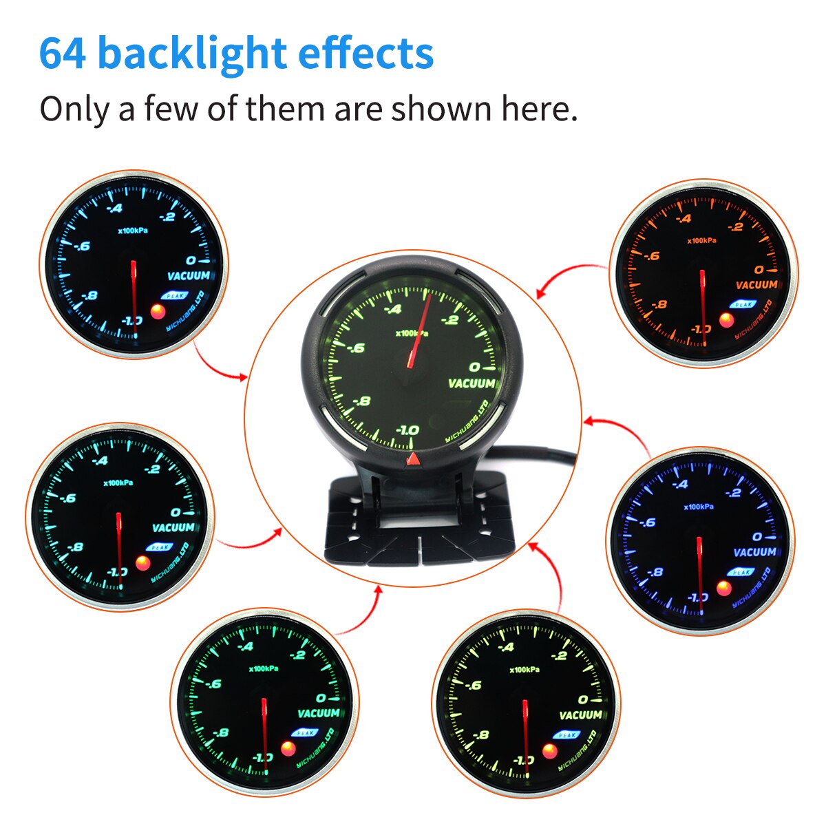 1 PC 64 Color Backlight Vacuum Gauges 12V Practical 0-100KPa Vacuum Gauge Meter Automotive Car Modification Upgrade With Sensor