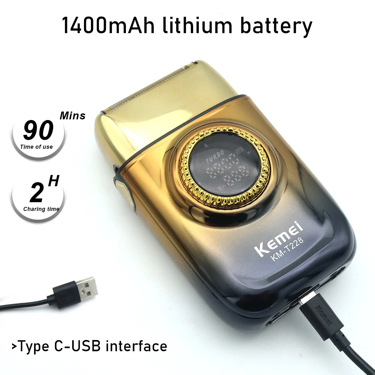 Kemei KM-T228 Men's Shaving Machine LED Display Double Foil Cordless Oil Head USB Electric Shaver Foil Male