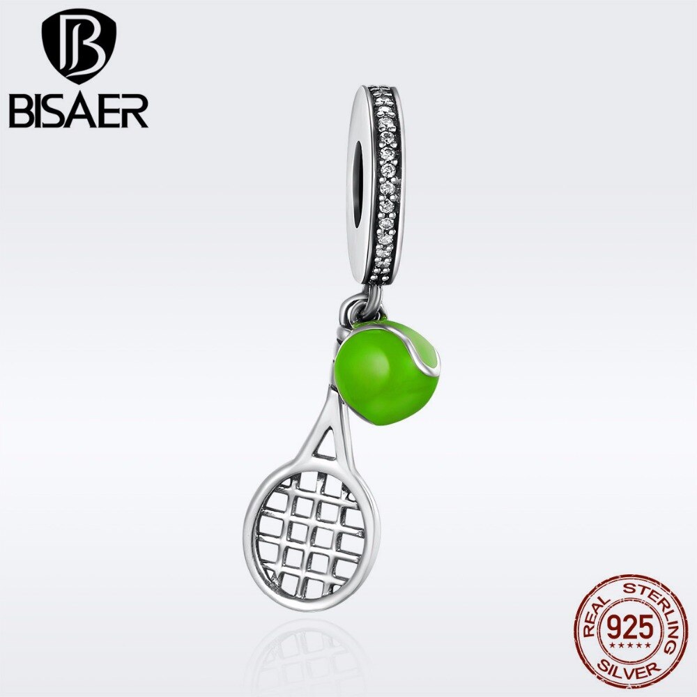 BISAER 100% 925 Sterling Silver Tennis Ball Passion Sports Love Charms Fit Original DIY Bracelets & Necklaces Jewelry ECC335