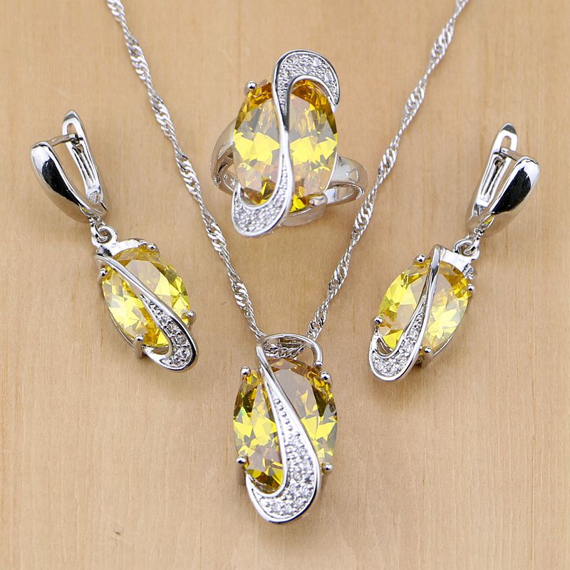 Natuurlijke Lichtgeel Zirconia 925 Sterling Zilveren Sieraden Sets Voor Vrouwen Bruiloft Oorbellen/Hanger/Ketting/Ringen